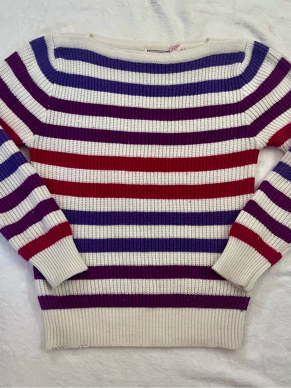 Striped Vintage Crewneck Sweater in Ivory with Purple & Red Stripes